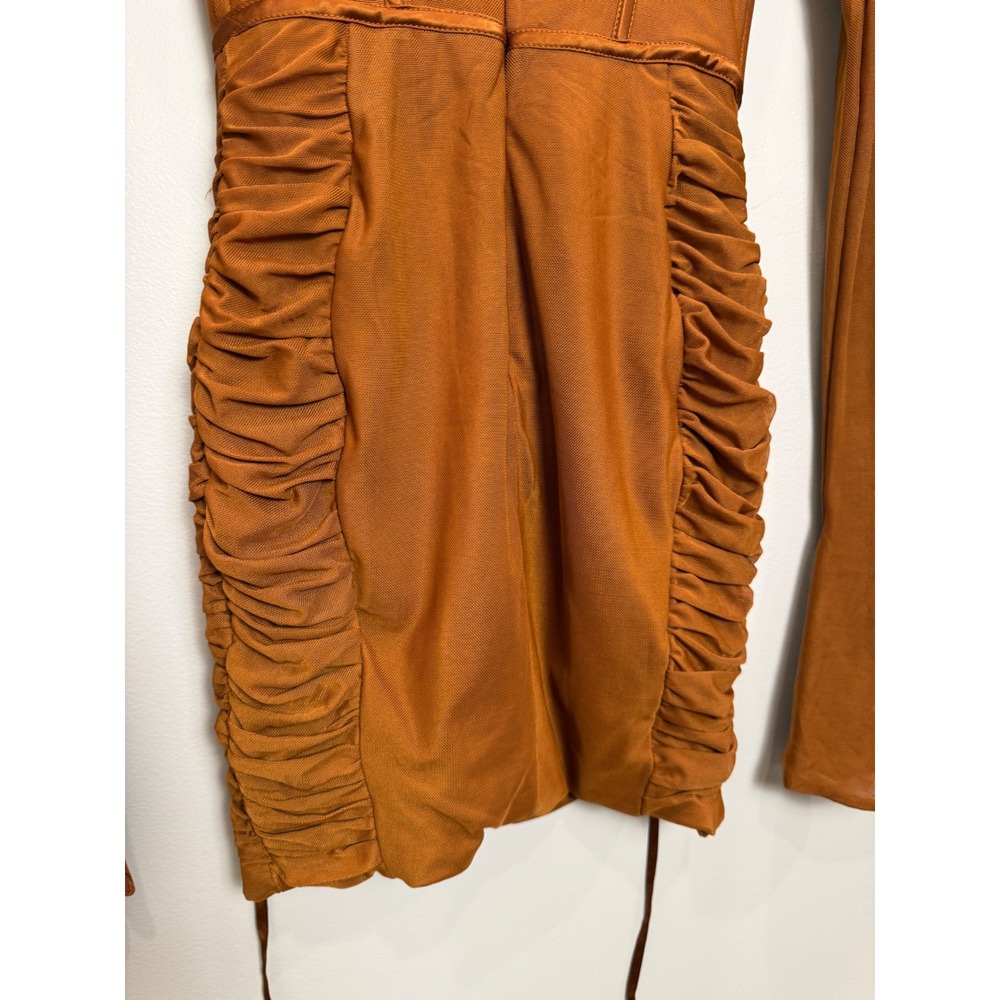 Oh Polly Corset Long Sleeve Mesh Mini Dress Baddie Hot Rouched Sheer Brown 2 - Picture 8 of 13